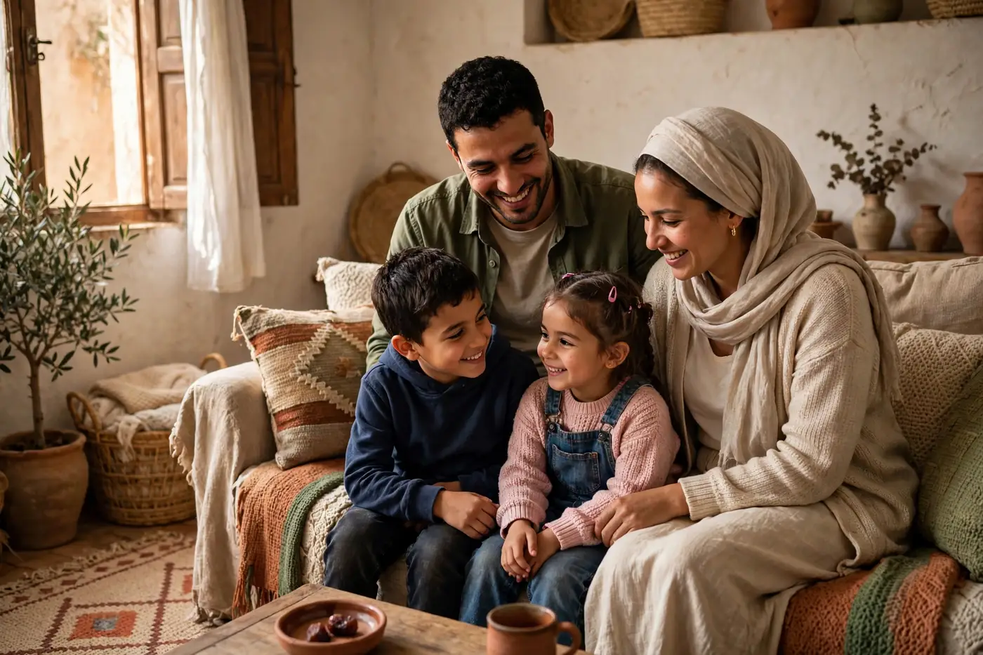 Famille algérienne bénéficiaire des allocations familiales Algérie, réunie à la maison avec ses enfants