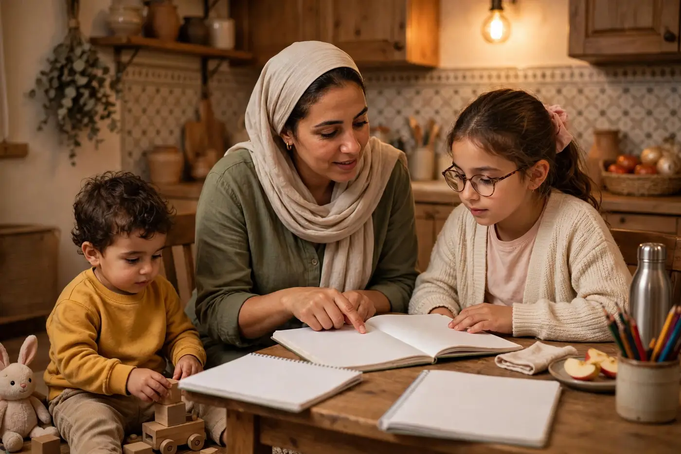 Allocations familiales Algérie : montants CNAS, dossier et démarches 3 Mère algérienne aidant sa fille scolarisée dans ses devoirs à la maison