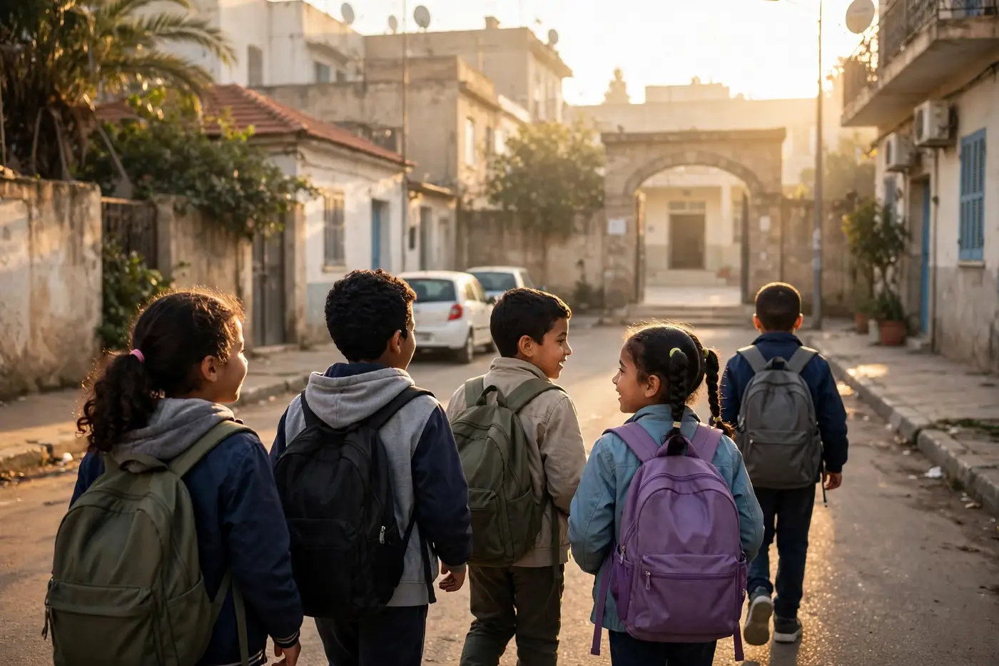 Allocations familiales Algérie : montants CNAS, dossier et démarches 4 Enfants algériens avec leurs cartables se rendant à l'école, prime de scolarité des allocations familiales