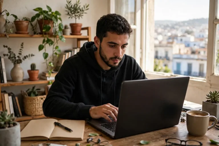 Auto-entrepreneur Algérie : un freelance développeur web travaillant à domicile sur son ordinateur portable