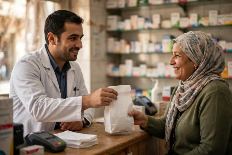 Pharmacien remettant ses médicaments à une assurée grâce à la carte Chifa Algérie dans une pharmacie conventionnée