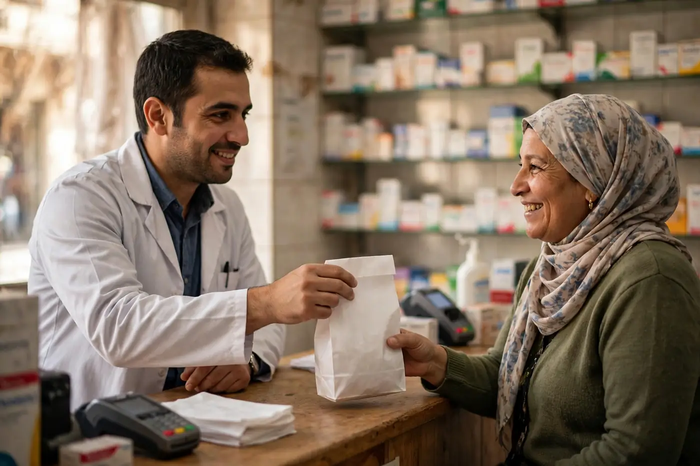 Pharmacien remettant ses médicaments à une assurée grâce à la carte Chifa Algérie dans une pharmacie conventionnée