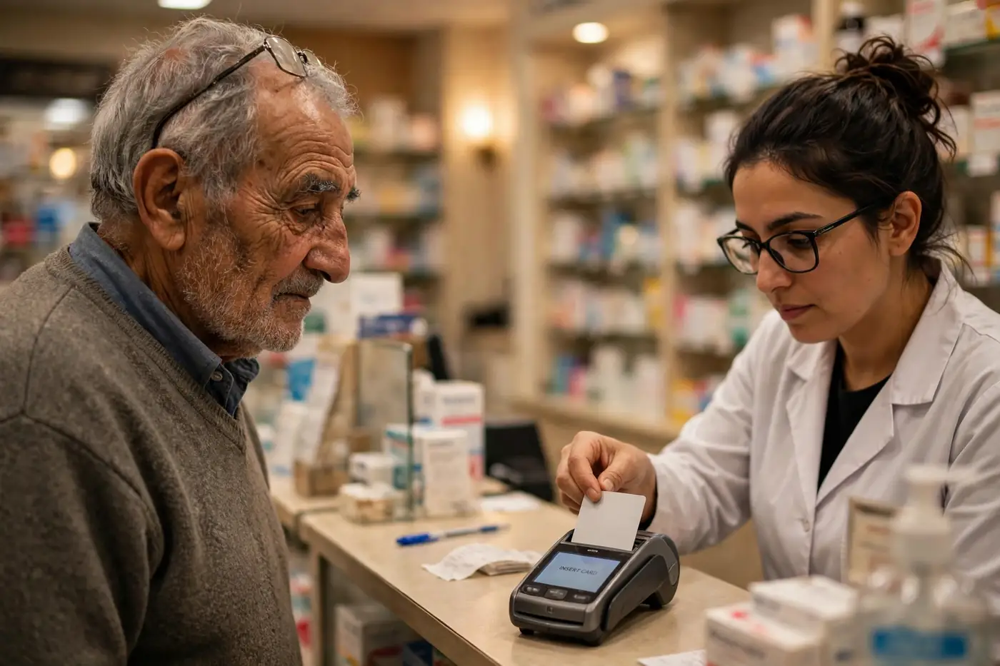 Retraité algérien utilisant la carte Chifa chez le pharmacien, insertion dans le lecteur de carte
