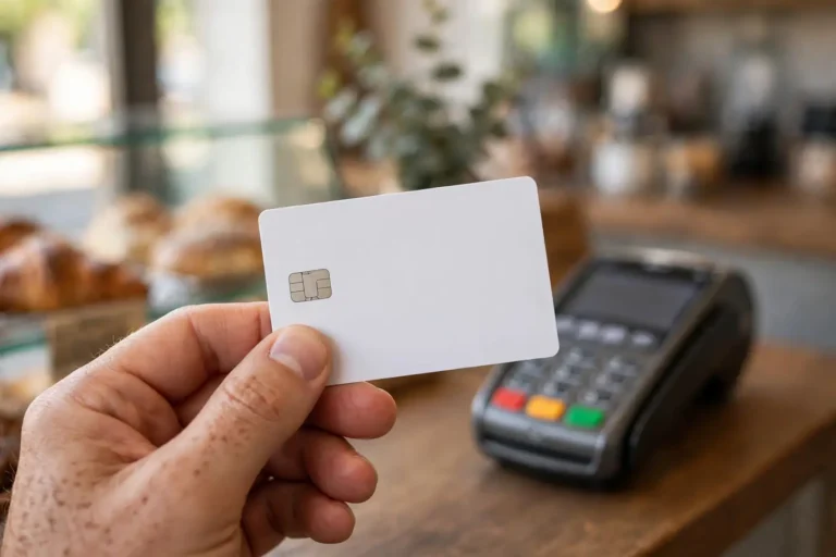 Carte Edahabia d'Algérie Poste tenue en main devant un terminal de paiement