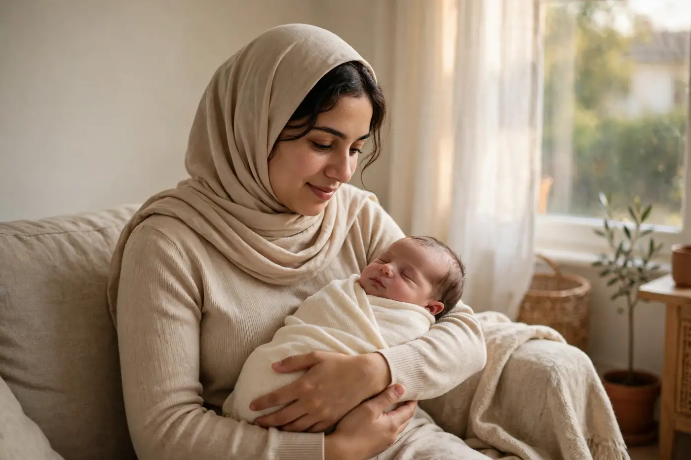Jeune maman algérienne tenant son nouveau-né dans ses bras pendant son congé maternité