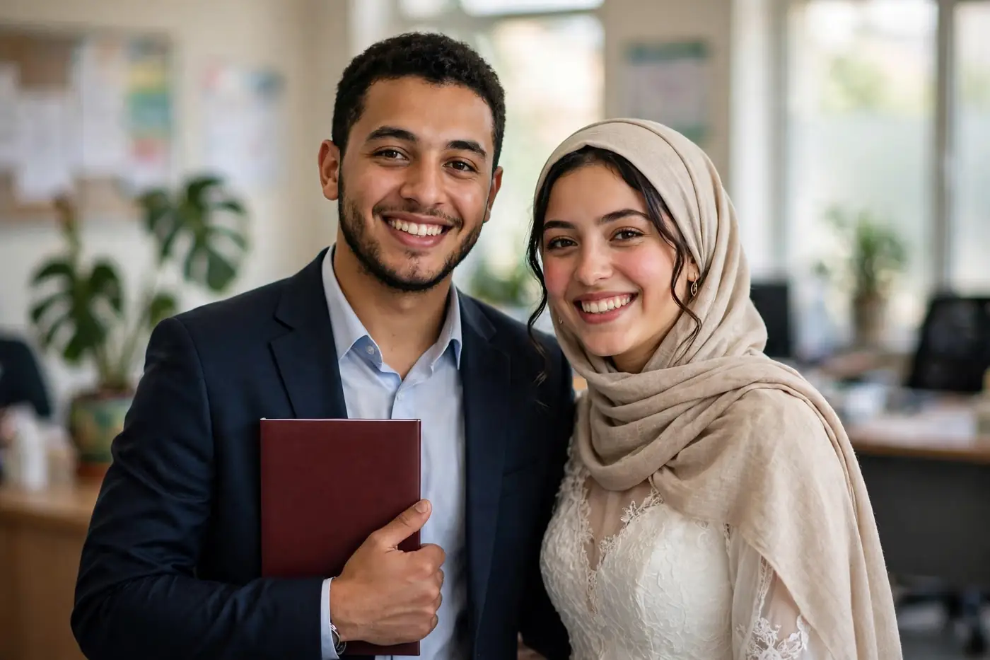 Livret de famille Algérie : première délivrance et duplicata 3 Jeune couple recevant son livret de famille Algérie juste après la célébration du mariage civil
