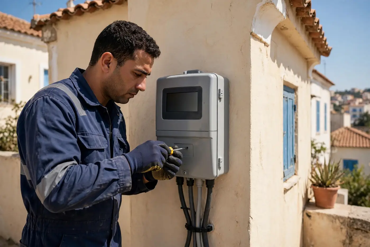 Demande de compteur Sonelgaz : technicien installant un compteur électrique neuf sur le mur d'une maison en Algérie