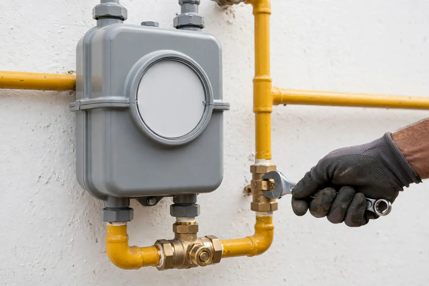Demande de compteur Sonelgaz : dossier, étapes et coûts du raccordement 4 Compteur de gaz Sonelgaz avec tuyauterie jaune : contrôle du raccordement par un technicien