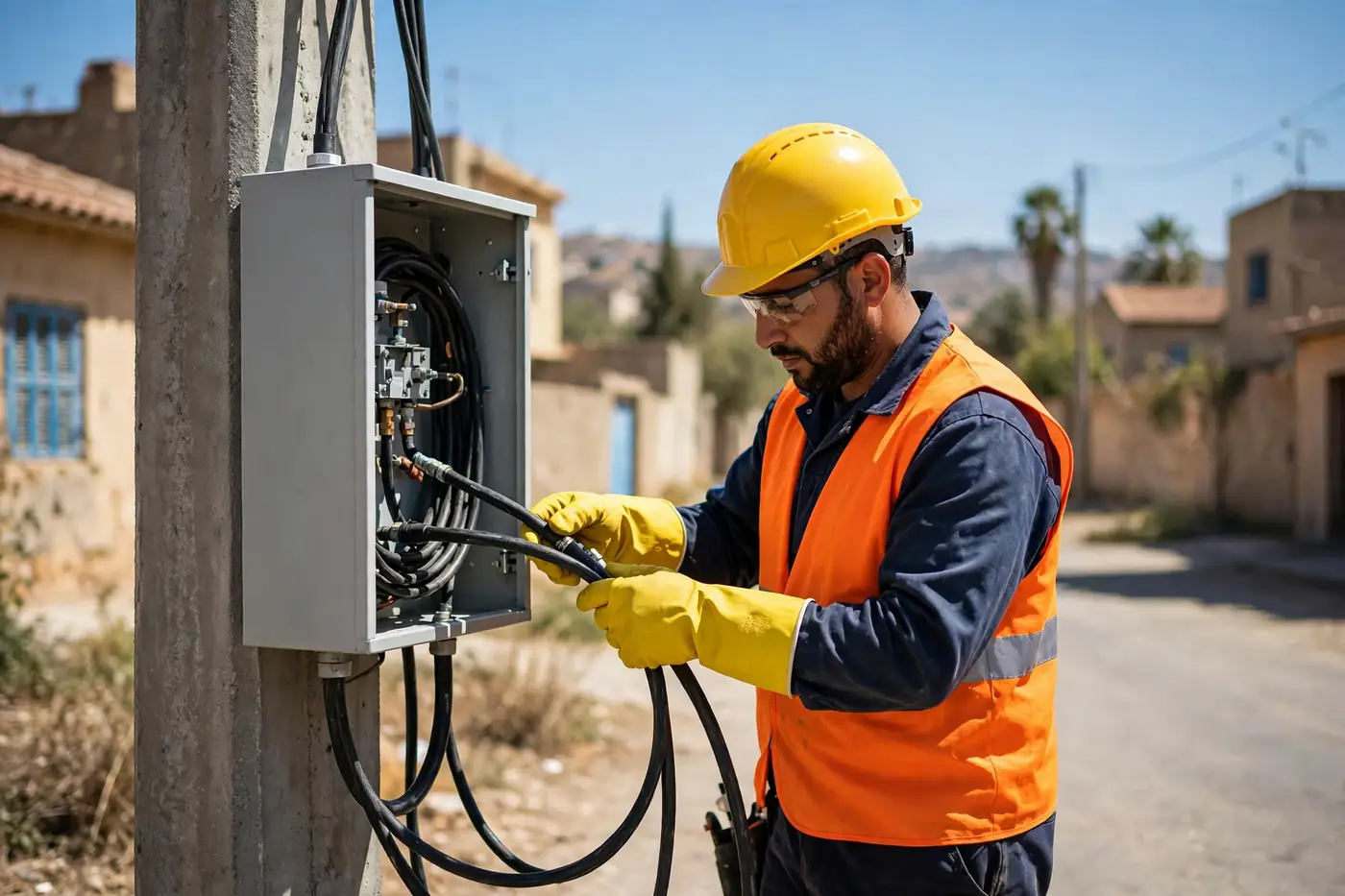 Demande de compteur Sonelgaz : dossier, étapes et coûts du raccordement 3 Raccordement au réseau électrique : technicien Sonelgaz reliant les câbles au coffret de branchement