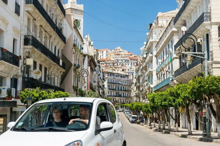 Permis de conduire Algérie : leçon de conduite en voiture d'auto-école dans une rue d'Alger